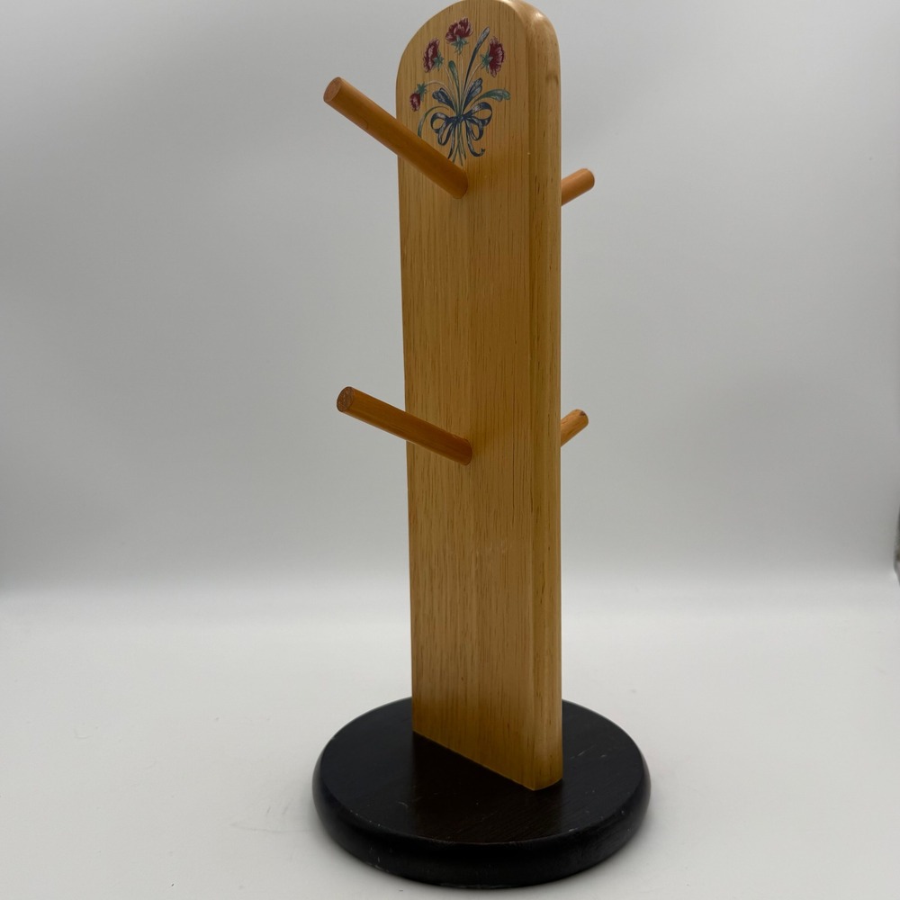 Vintage Wood Mug Tree Stand Floral Decal 4 Peg Coffee Cup Holder Cottagecore